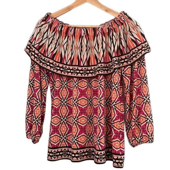 Chico’s Graphic Pattern‎ Off the Shoulder Long Sleeves Top Size Medium - Picture 2 of 14